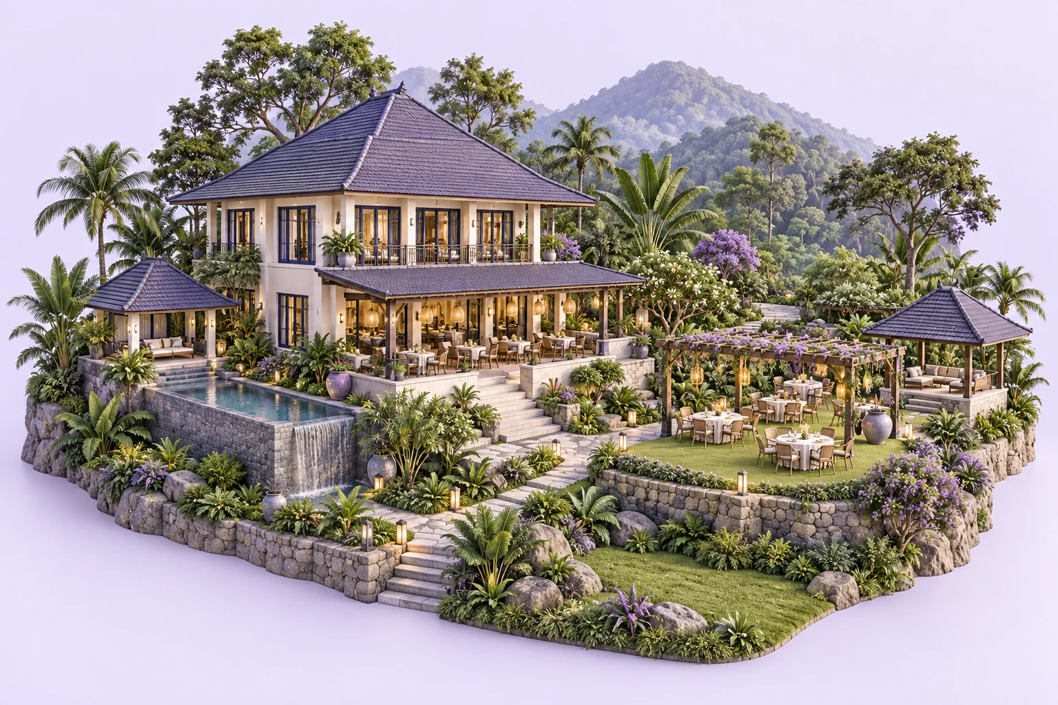 Ilustrasi penginapan, taman venue, dan restoran untuk kebutuhan reservasi di Bogor